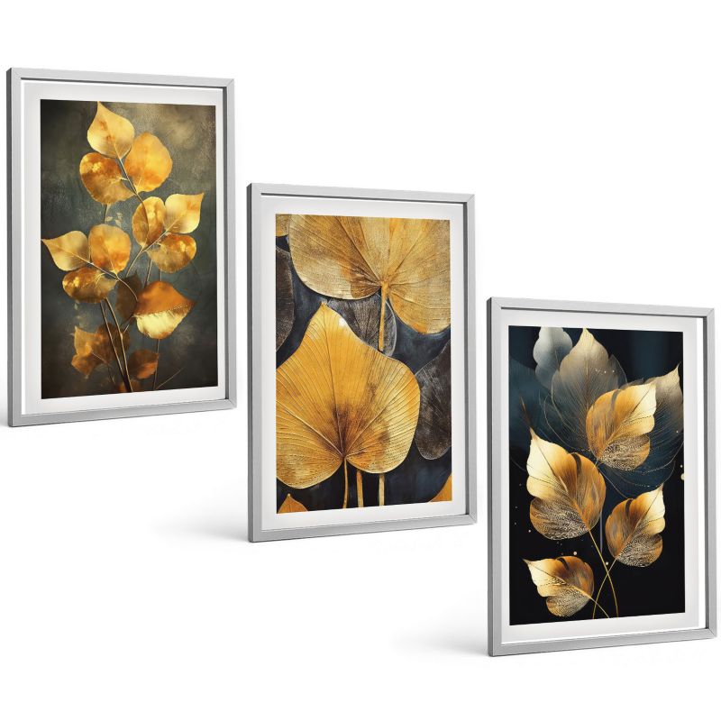 Galeria 3 Obrazów w Srebrnej Ramie ArtPrintCave 40x60 cm Komplet ścienny Liście żółte ciemne tło 1 kpl.