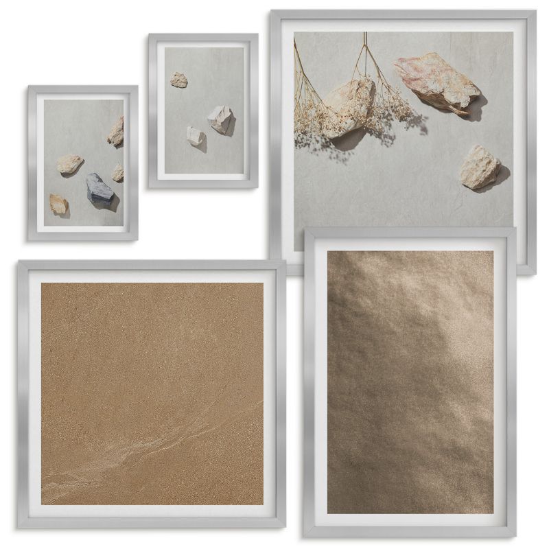 Set Obrazów w Ramie Wallfluent Kamienie plaża naturalne struktury Srebrna rama 5 szt.