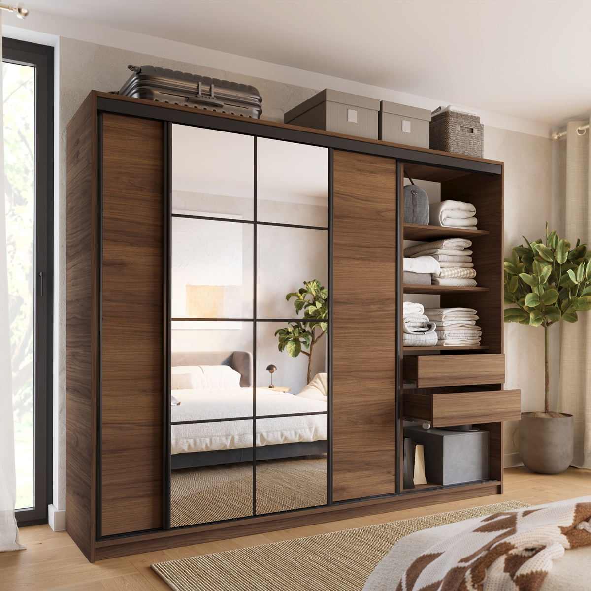 Duża szafa przesuwna z lustrem 250 cm z szufladami EDGE orzech