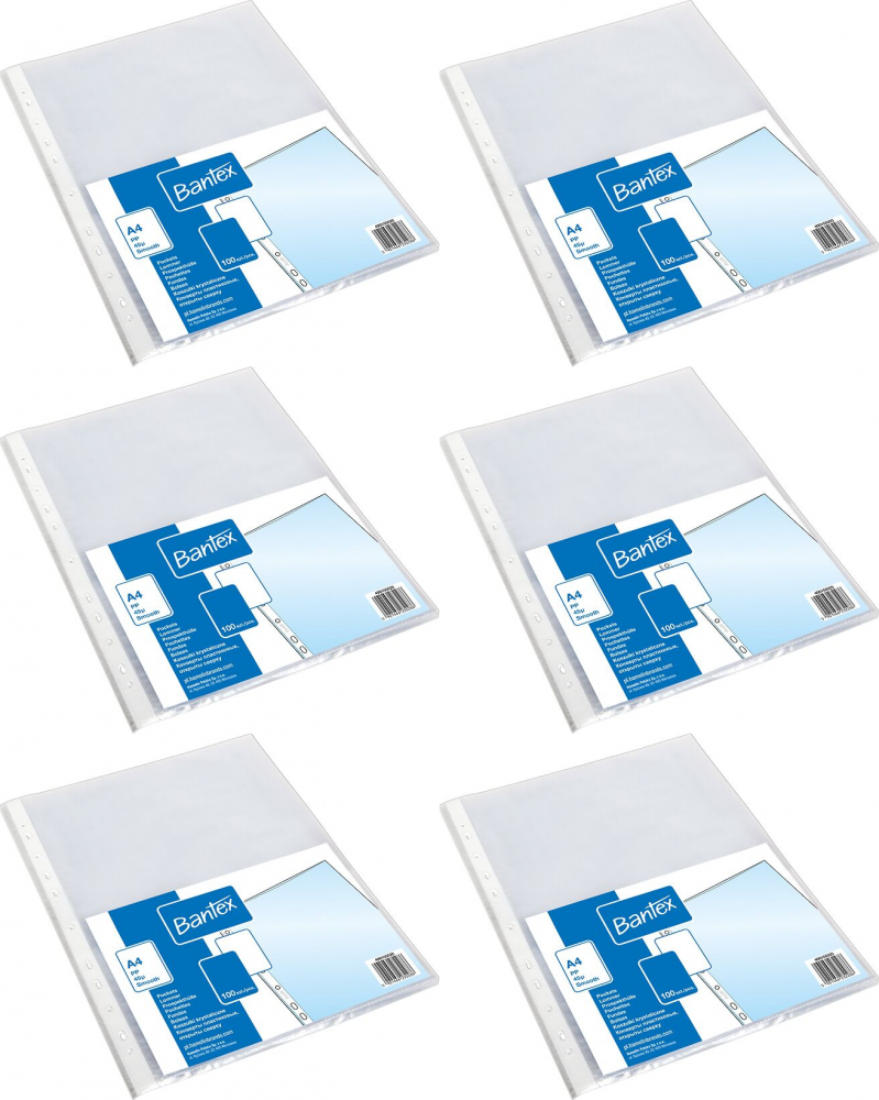 6x Koszulki krystaliczne Bantex, A4, 45μm, 100 sztuk, transparentny