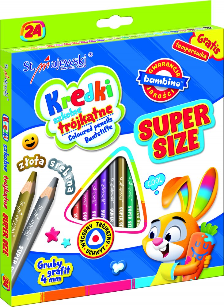 Kredki Bambino Super Size Zwierzaki Uczniaki, trójkątne, 24 sztuki + temperówka, mix kolorów