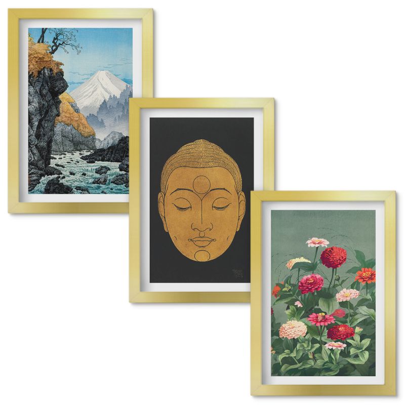 Obraz Ścienny Zestaw Wallfluent Japońska natura kultura japandi Złota rama 20x30cm 3 szt.