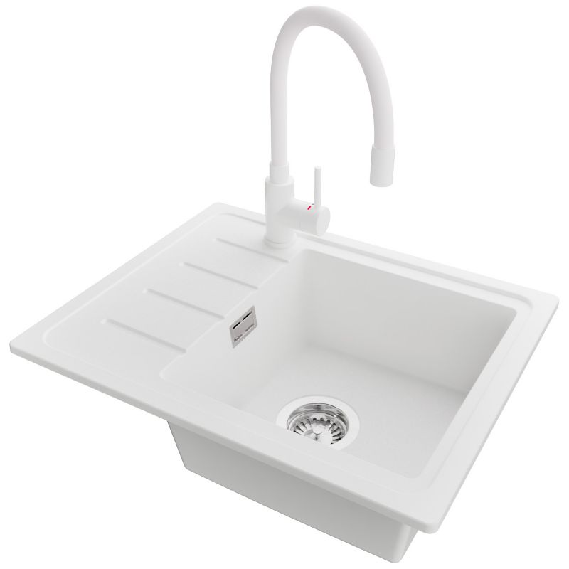 Zlewozmywak Granitowy Kopenhaga Easy PRIMAGRAN Nablatowy 55x44cm do Szafki od 45cm, Biały + Bateria 38x14cm + Syfon, S029, 1 szt.