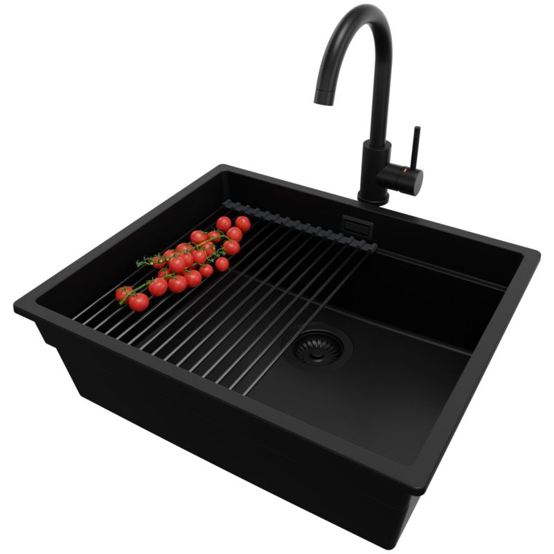 Zlewozmywak Granitowy Praga Level Slim PRIMAGRAN Nablatowy 56x47cm, Cały Czarny + Bateria + Syfon + Akcesorium, S298, 1 szt.