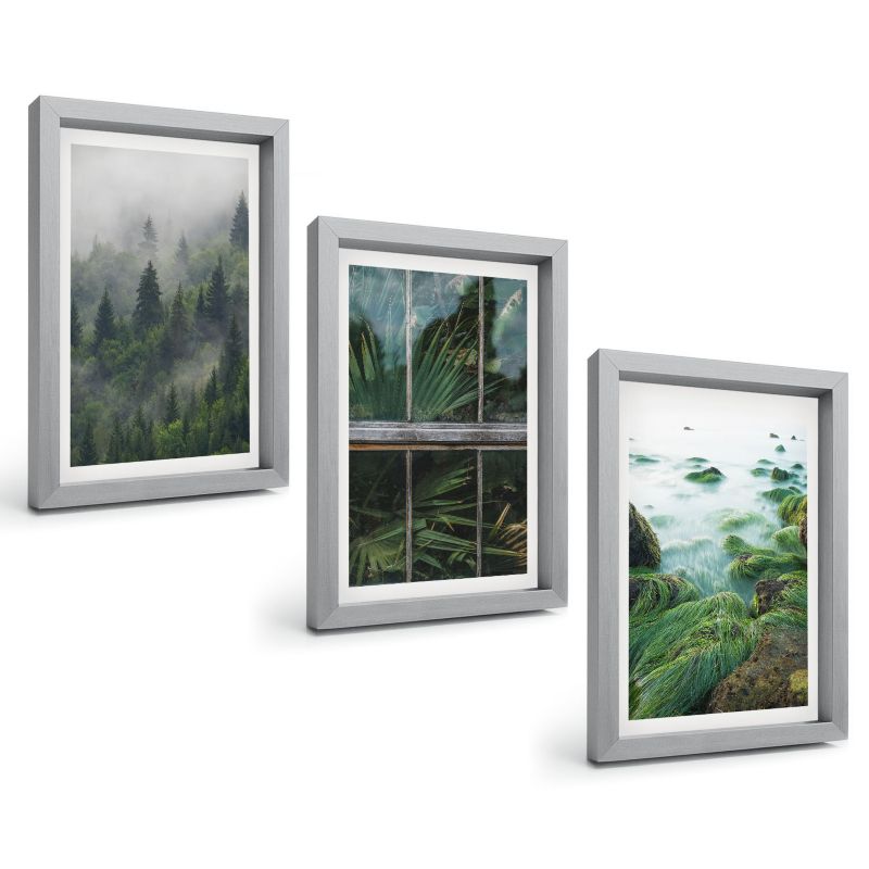 Zestaw 3 Obrazów w Srebrnej Ramie ArtPrintCave 20x30 cm Galeria Ścienna Las mgła brzeg rzeki szklarnia 1 kpl.