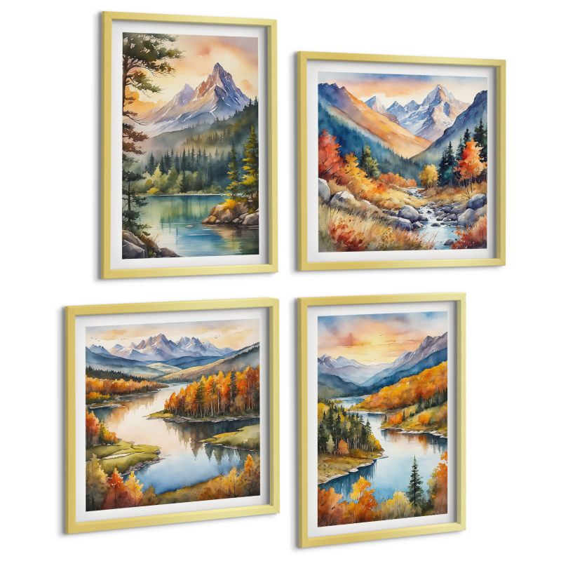 Zestaw 4 Obrazów ArtPrintCave (2x50x50+2x40x60cm) Złota rama Górskie pejzaże z rzeką 1 kpl.