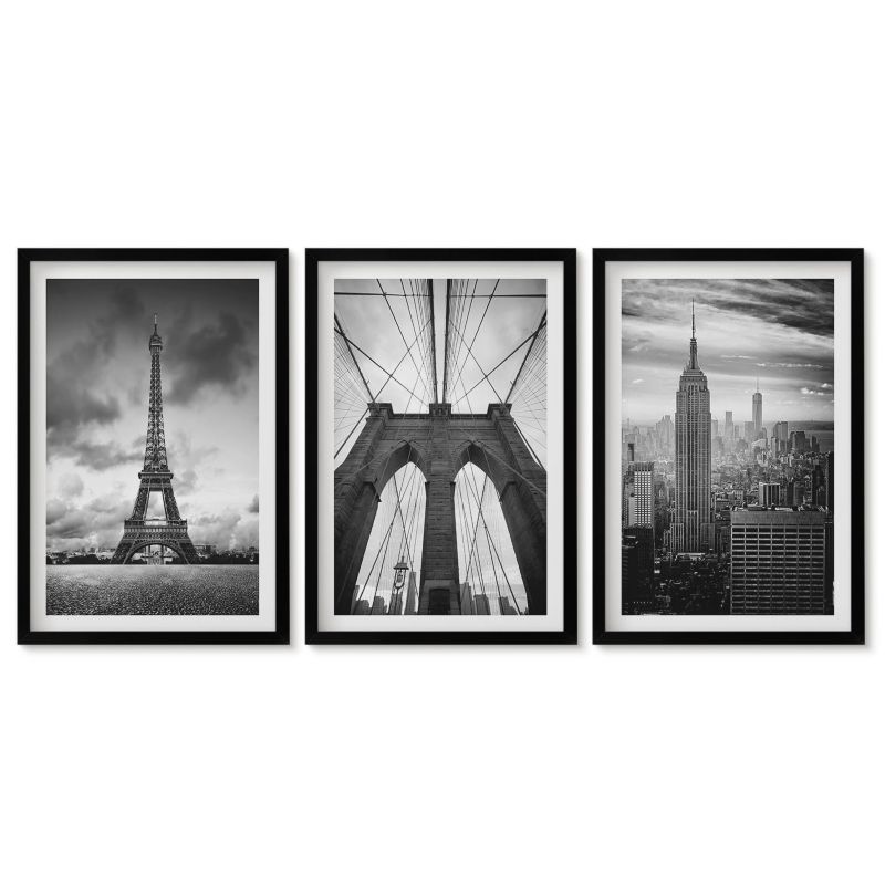 Zestaw 3 obrazów w czarnej ramie Tulup 40x60 cm Wieże mosty monochromatyczne Dekoracja ścienna do przedpokoju 1 kpl