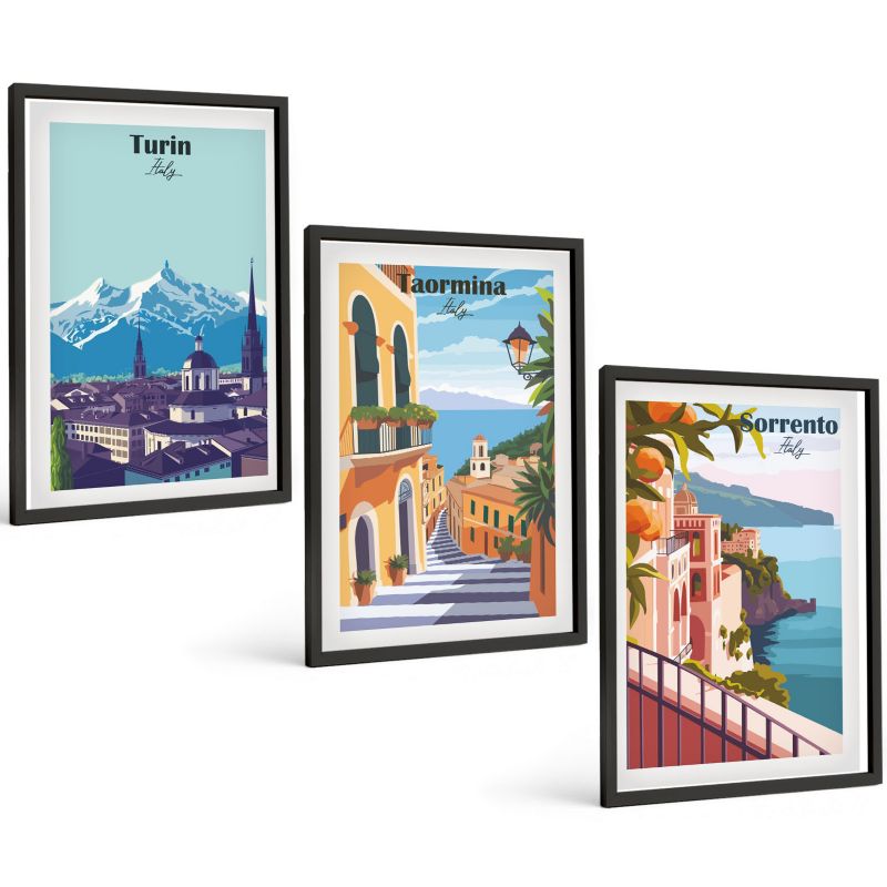 Trzyczęściowy Zestaw Obrazów ArtPrintCave 40x60 cm Czarna rama Kolorowe retro widoki miast 1 kpl.