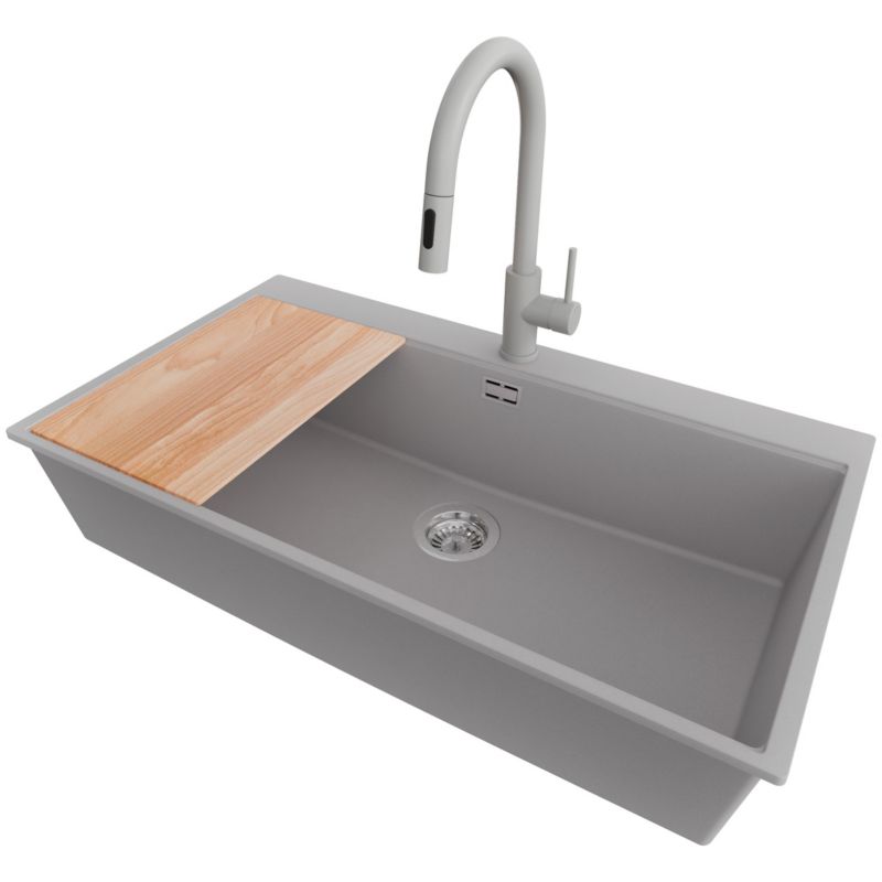 Zlewozmywak Granitowy Oslo 90 Top PRIMAGRAN Nablatowy 88x50cm do Szafki od 90cm, Szary + Bateria + Syfon + Deska, S727, 1 szt.