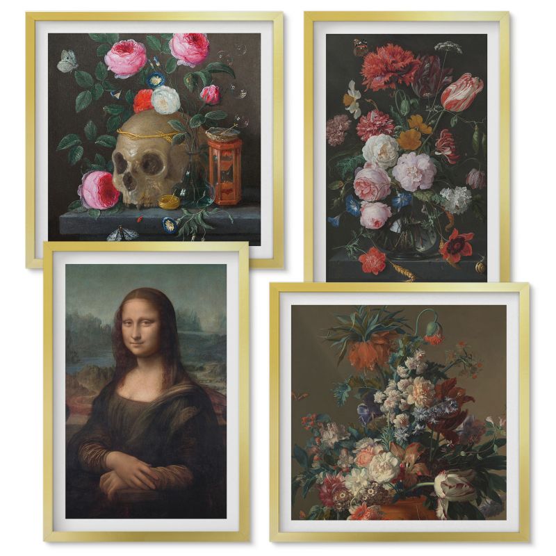 Zestaw Obrazów w Ramie Wallfluent Vintage kwiaty czaszka Mona Lisa Złota rama 4 szt.