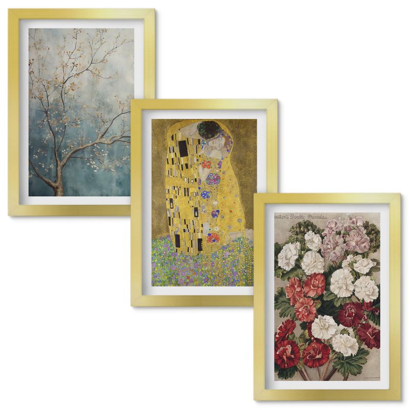 Obrazy Do Sypialni Wallfluent Kwiaty drzewa malarstwo Klimt Złota rama 20x30cm 3 szt.