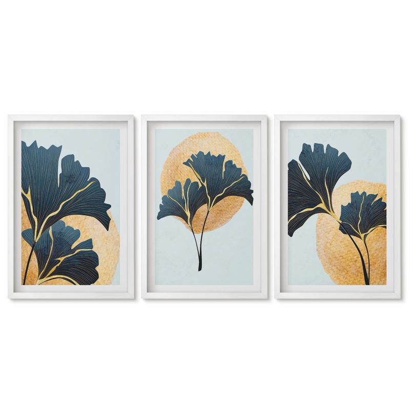 Zestaw 3 obrazów w białej ramie Tulup 40x60 cm Liście miłorzębu jasne tło Dekoracja ścienna do przedpokoju 1 kpl