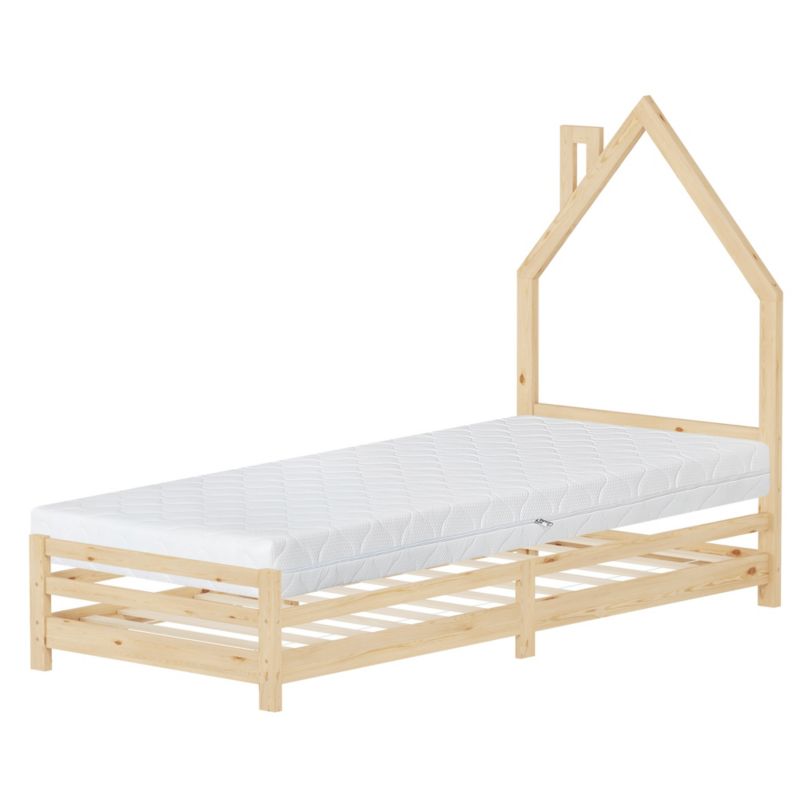 Łóżko dziecięce ML Design domek 90x200 cm naturalne posiada materac o wysokości 16 cm ramę listewkową modny wzór kominowy 1 szt