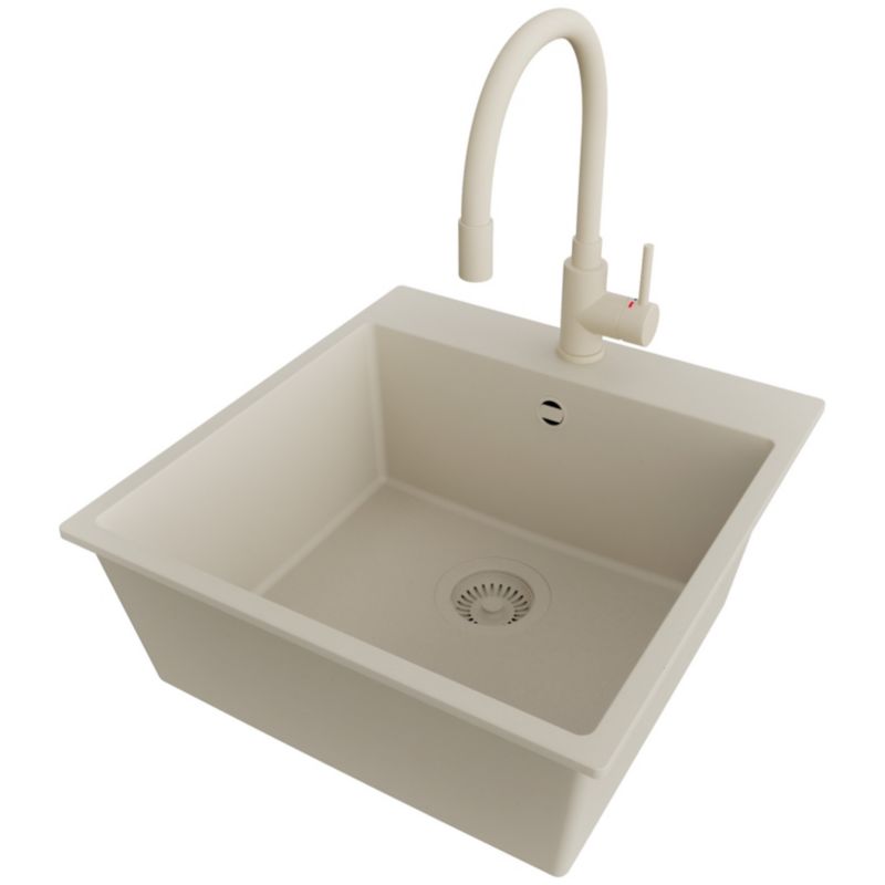Zlewozmywak Granitowy Ryga PRIMAGRAN Nablatowy 48x50cm do Szafki od 50cm, Cały Beżowy + Bateria 38x14cm + Syfon, S248, 1 szt.