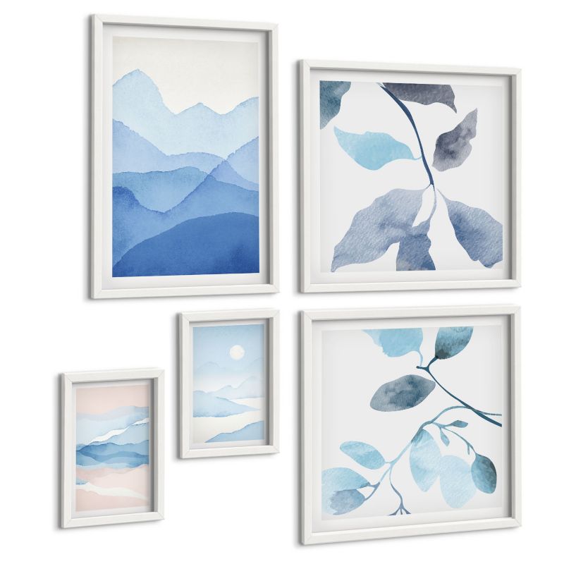 Zestaw 5 Obrazów ArtPrintCave (2x50x50+2x20x30+40x60cm) Biała rama Górskie pejzaże akwarela rośliny 1 kpl.
