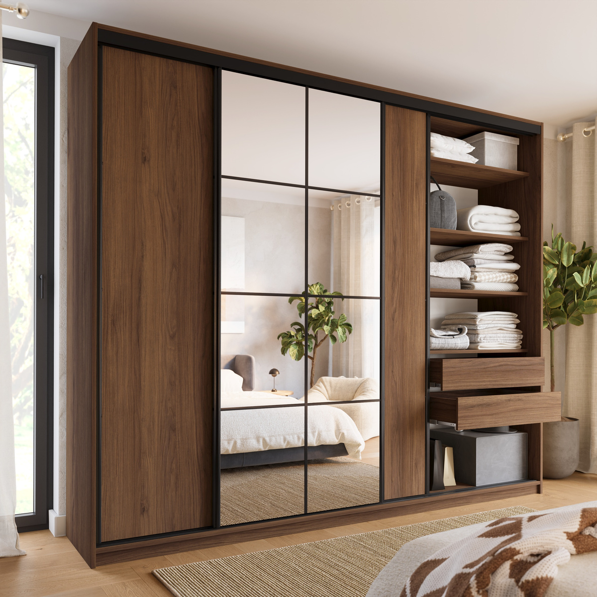 Wysoka szafa przesuwna z lustrem 280 cm do sypialni EDGE MAX orzech