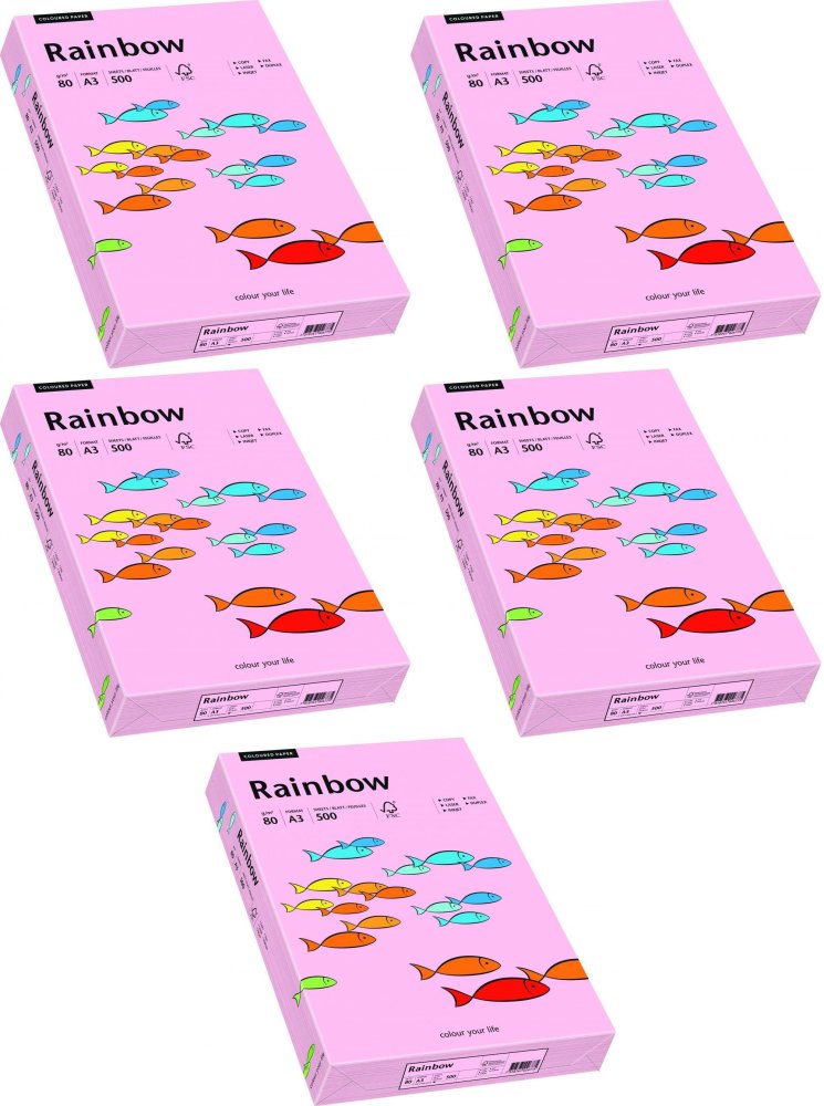 5x Papier kolorowy Rainbow, A3, 80g/m2, 500 arkuszy, jasny różowy (R54)