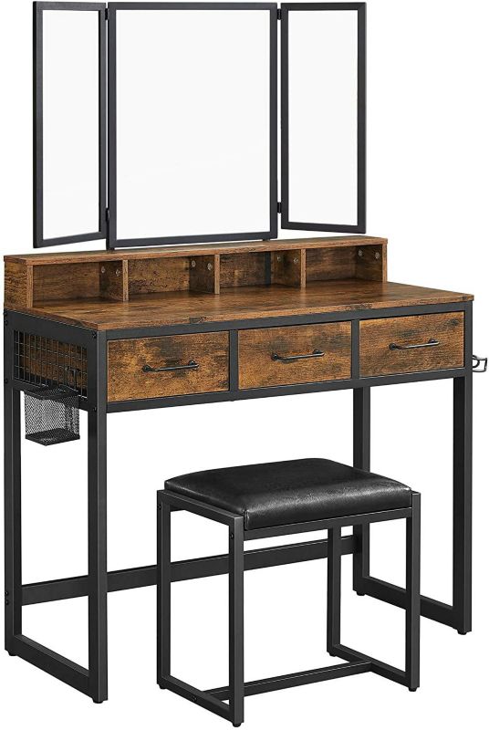 Toaletka Songmics z trójdzielnym lustrem i stołki ciemne drewno 90x40x171 cm 1 szt.