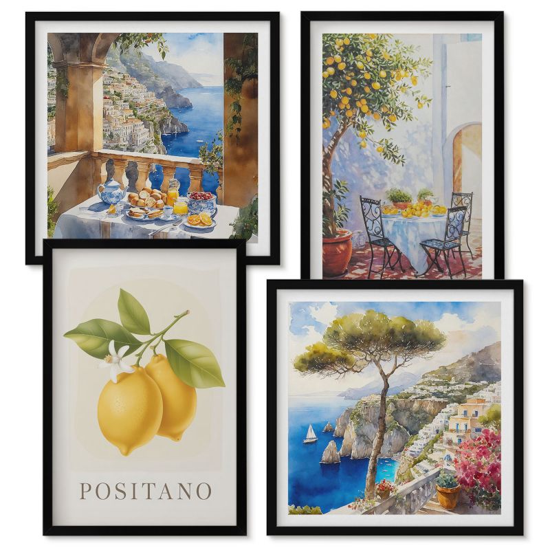 Obraz Ścienny Zestaw Wallfluent Widoki Positano cytryny architektura Czarna rama 4 szt.