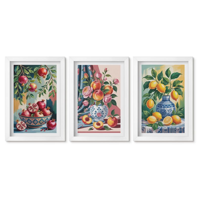 Zestaw 3 obrazów w białej ramie Tulup 20x30 cm Kwiaty owoce w wazonach Tryptyk 1 kpl