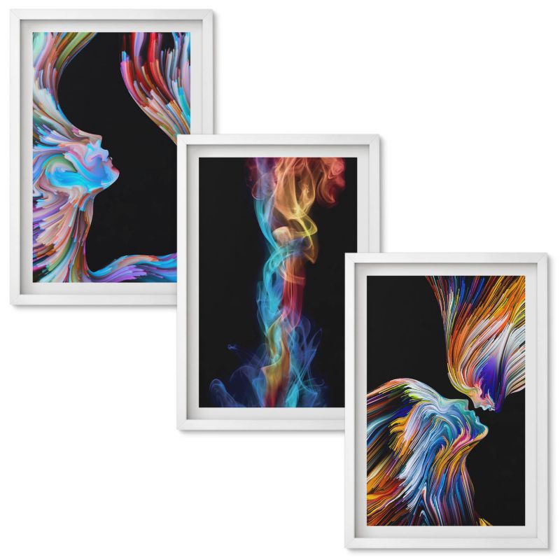 Set Obrazów w Ramie Wallfluent Kolorowe twarze abstrakcje Biała rama 40x60 cm 3 szt.