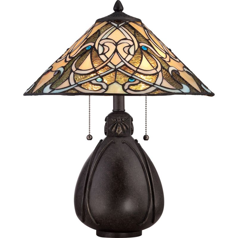 Lampka stołowa Quoizel India brązowo-kremowa-niebieska 2 x E27 x 60W IP20 wym: 49.5 x 41 x 40.6 cm szkło witrażowe - 1 szt.