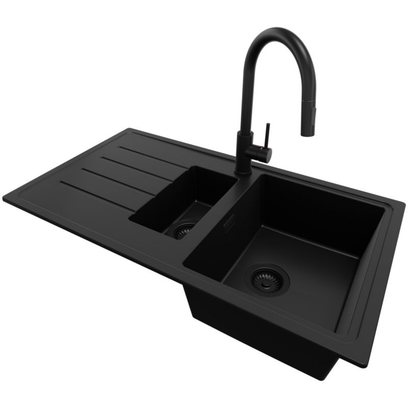 Zlewozmywak Granitowy Kopenhaga Duo PRIMAGRAN Nablatowy 90x50cm do Szafki od 60cm, Cały Czarny + Bateria + Syfon, S020, 1 szt.