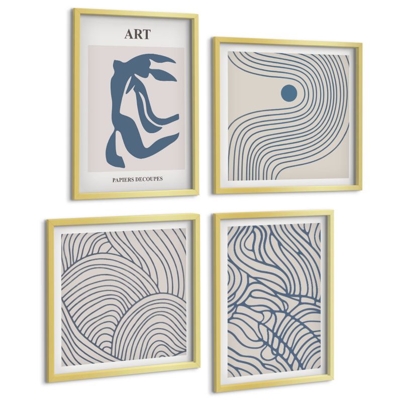 Czteroczęściowy Zestaw Obrazów ArtPrintCave (2x50x50+2x40x60cm) Złota rama Abstrakcyjne linie niebieskie 1 kpl.