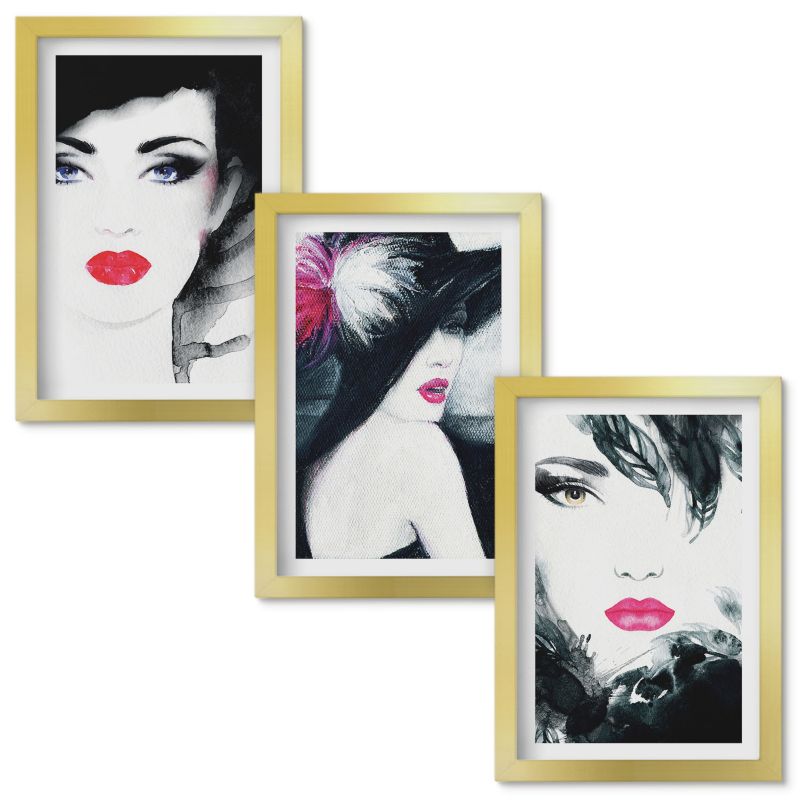 Obrazy Do Sypialni Wallfluent Portrety kobiet z ustami Złota rama 20x30cm 3 szt.
