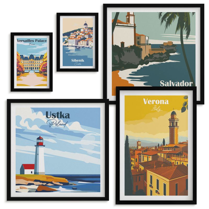 Kolekcja Obrazów w Ramie Wallfluent Miasta Europy kolorowe ilustracje Czarna rama 5 szt.