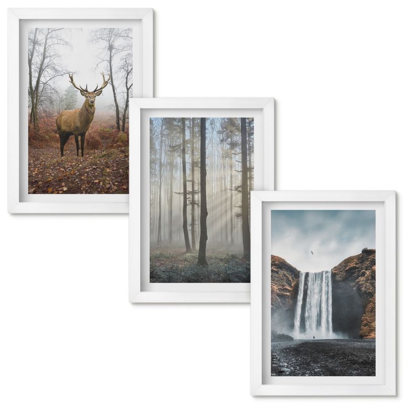 Zestaw obrazów Wallfluent Leśne krajobrazy dzika natura Biała rama 20x30cm 3 szt.