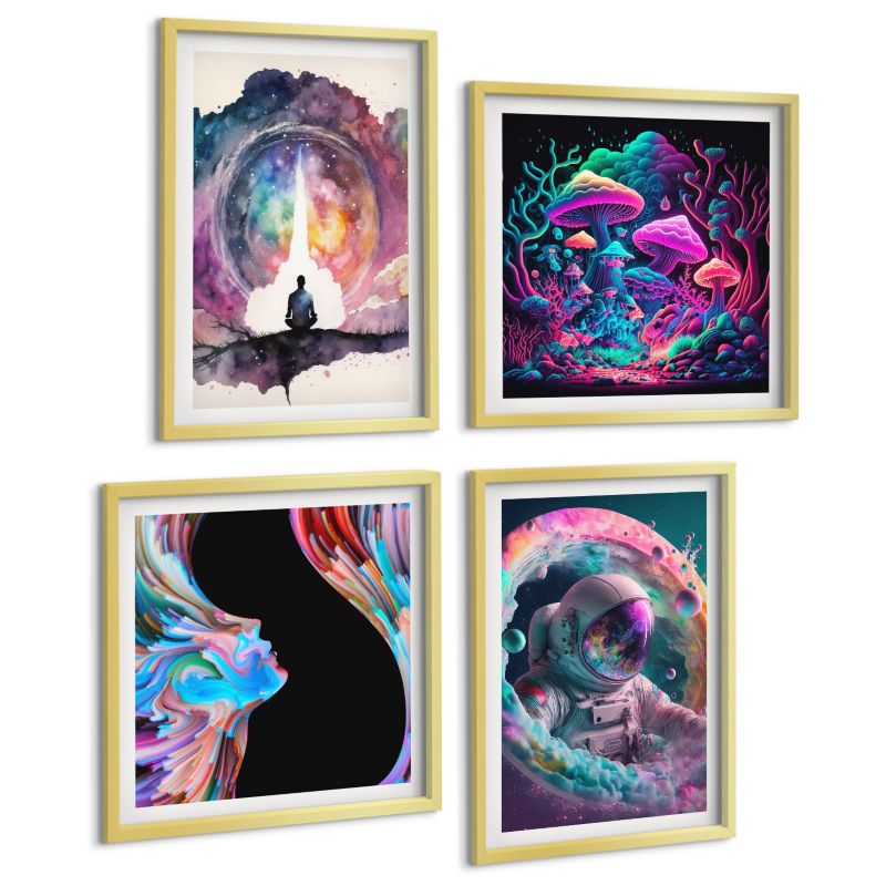 Zestaw 4 Obrazów ArtPrintCave (2x50x50+2x40x60cm) Złota rama Kolorowe ilustracje fantasy sztuka 1 kpl.