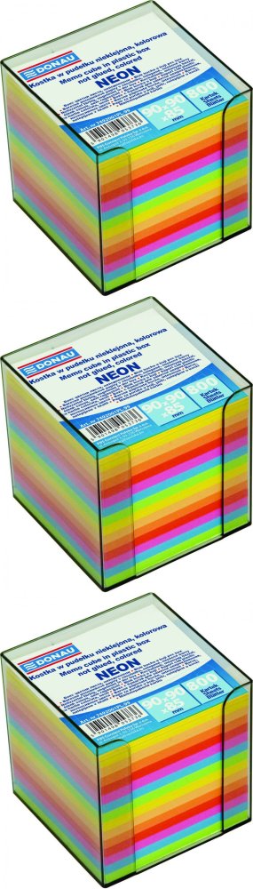 3x Pojemnik z kolorowymi karteczkami Donau, 95x95x95mm, 800 karteczek, transparentny