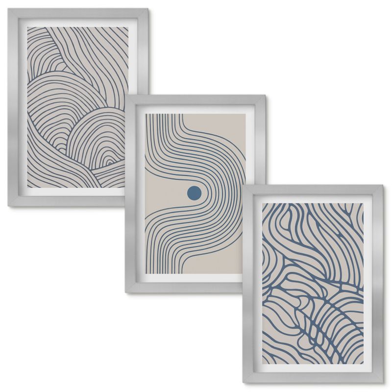 Set Obrazów w Ramie Wallfluent Abstrakcyjne linie fale kształty Srebrna rama 20x30cm 3 szt.