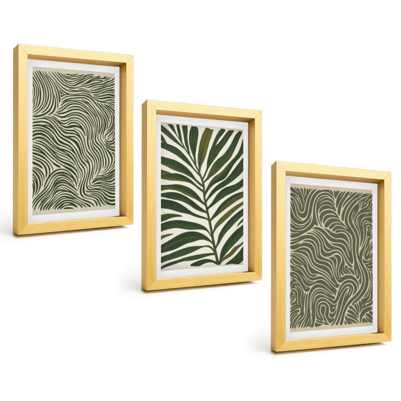 Trzyczęściowy Zestaw Obrazów ArtPrintCave 20x30 cm Złota rama Wzory liści faliste kształty 1 kpl.