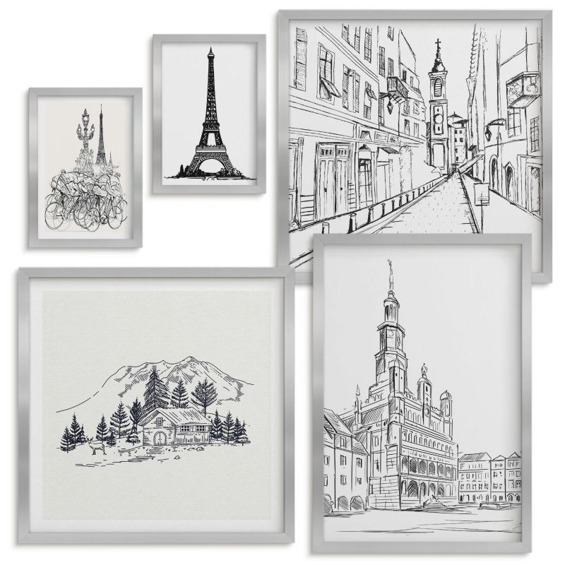 Galeria Obrazów Na Ścianę Wallfluent Abstrakcyjne malarskie kompozycje Srebrna rama 5 szt.