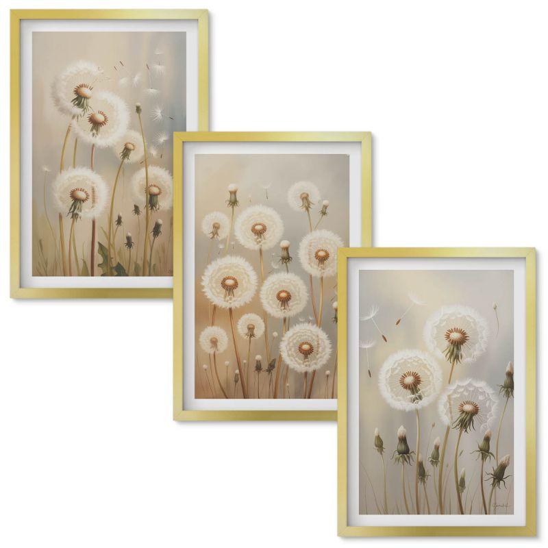 Obrazy do Salonu Wallfluent Białe dmuchawce jasne tło Złota rama 40x60 cm 3 szt.