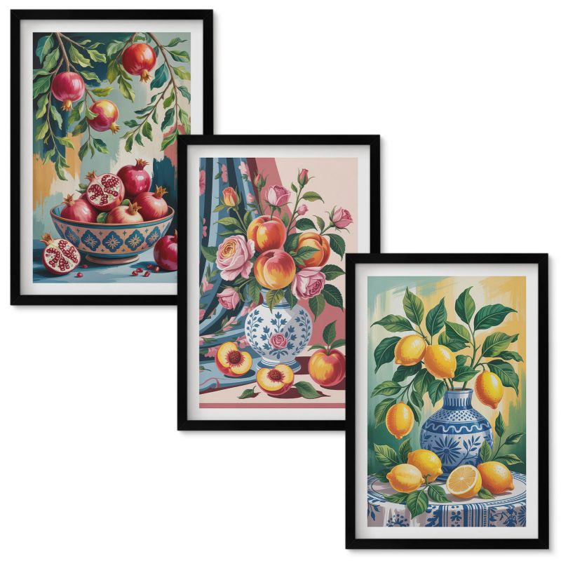 Zestaw obrazów Wallfluent Kwiaty owoce w wazonach Czarna rama 40x60 cm 3 szt.