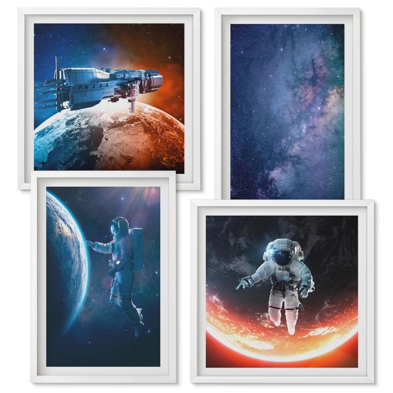 Set Obrazów w Ramie Wallfluent Kosmos astronauci gwiazdy Biała rama 4 szt.