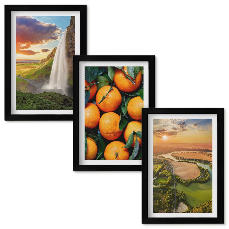 Zestaw obrazów Wallfluent Wodospad góry pomarańcze Czarna rama 20x30cm 3 szt.