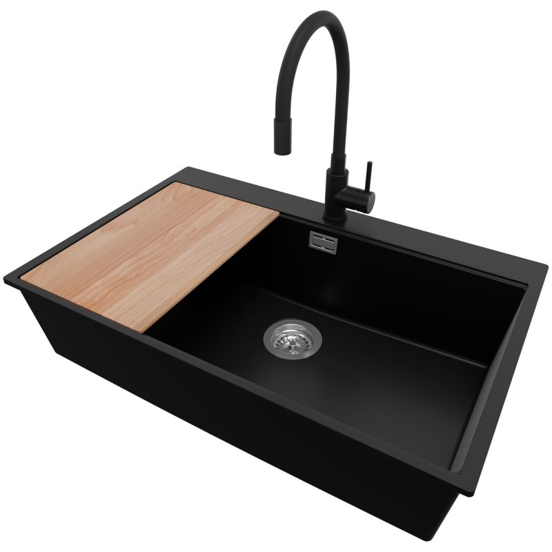 Zlewozmywak Granitowy Oslo Top PRIMAGRAN Nablatowy 78x50cm do Szafki od 80cm, Czarny + Bateria + Syfon + Deska, S621, 1 szt.