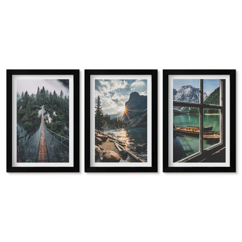 Tryptyk w czarnej ramie Tulup 20x30 cm Most las jezioro łodzie góry Galeria ścienna 1 kpl