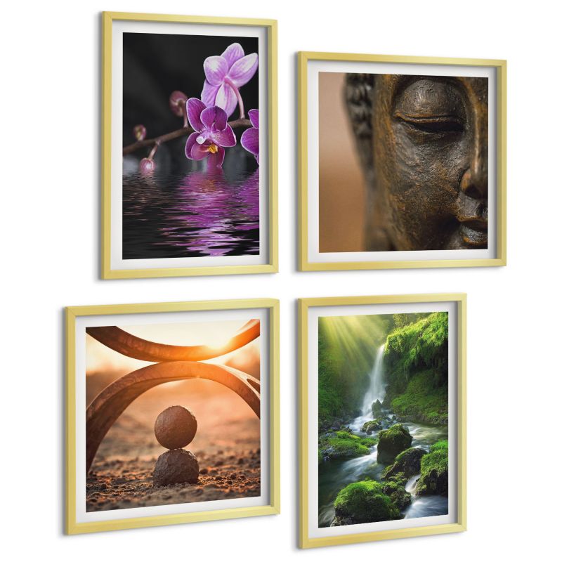 Zestaw Obrazów 4 Częściowy ArtPrintCave (2x50x50+2x40x60cm) Złota rama Kwiaty w wodzie wodospad Budda 1 kpl.