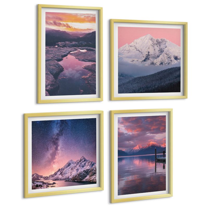Zestaw Obrazów 4 Częściowy ArtPrintCave (2x50x50+2x40x60cm) Złota rama Góry woda piękne krajobrazy 1 kpl.