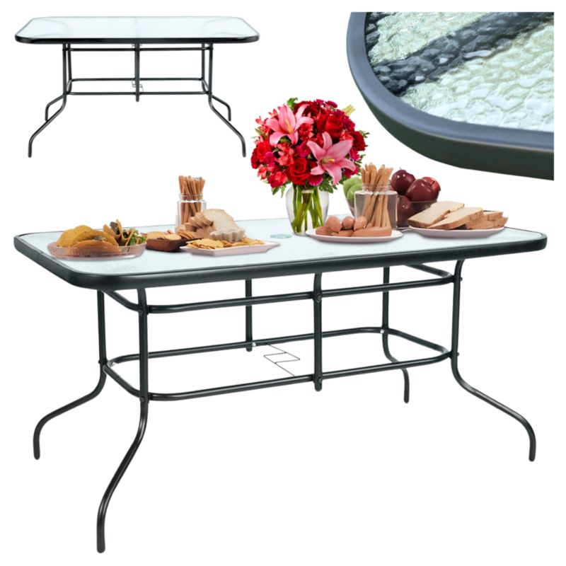 Stół Ogrodowy Gogarden Szklany Metalowy 140 X 80 Cm Z Otworem Na Parasol Czarny 1 Szt.