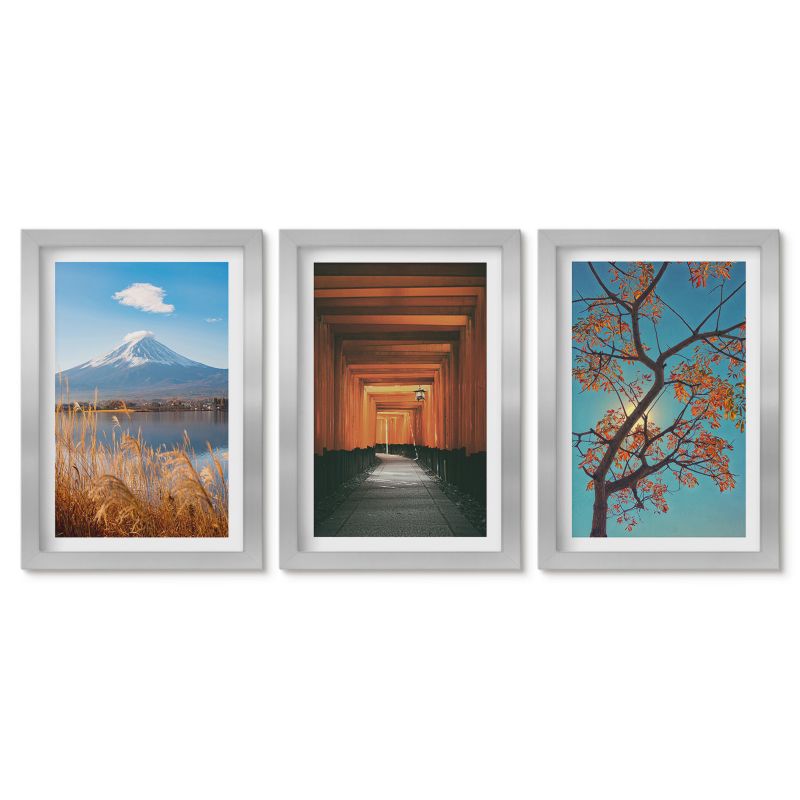 Zestaw 3 obrazów w srebrnych ramach Tulup 20x30 cm Japońskie krajobrazy natura Stylowa galeria nad biurko 1 kpl