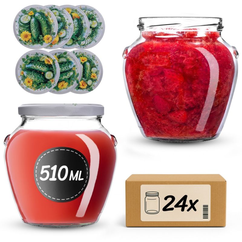 Słoiki KADAX na przetwory 510ml + wieczka "Kompozycja ogórkowa" 82 mm 24 szt.