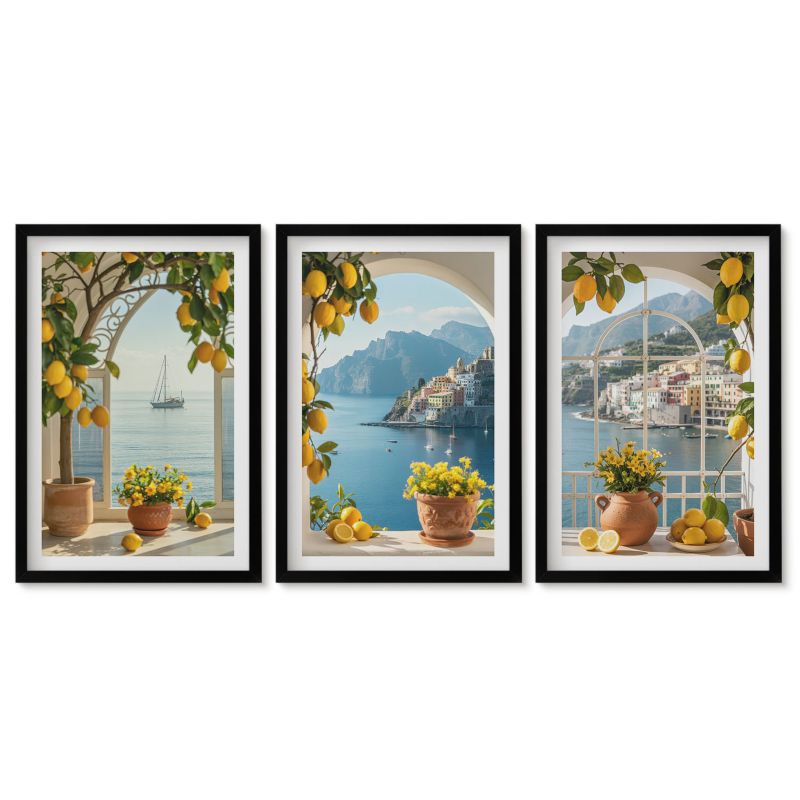 Tryptyk w czarnej ramie Tulup 40x60 cm Morze miasteczko cytryny kwiaty Obrazy do kuchni w ramie 1 kpl