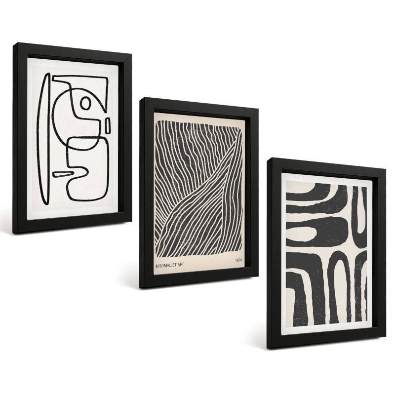 Zestaw 3 Obrazów w Czarnej Ramie ArtPrintCave 20x30 cm Galeria Ścienna Abstrakcyjne wzory linie tekstury 1 kpl.