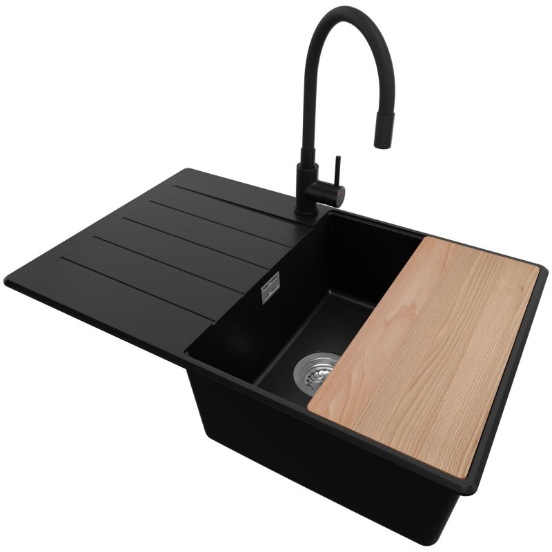 Zlewozmywak Granitowy Kopenhaga Top PRIMAGRAN Nablatowy 78x50cm do Szafki od 50cm, Czarny + Bateria + Syfon + Deska, S553, 1 szt.